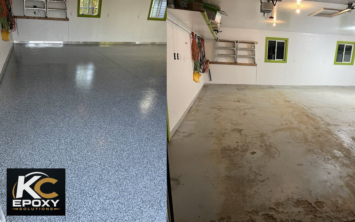 Before and after comparison of a garage floor coated by KC Epoxy Solutions